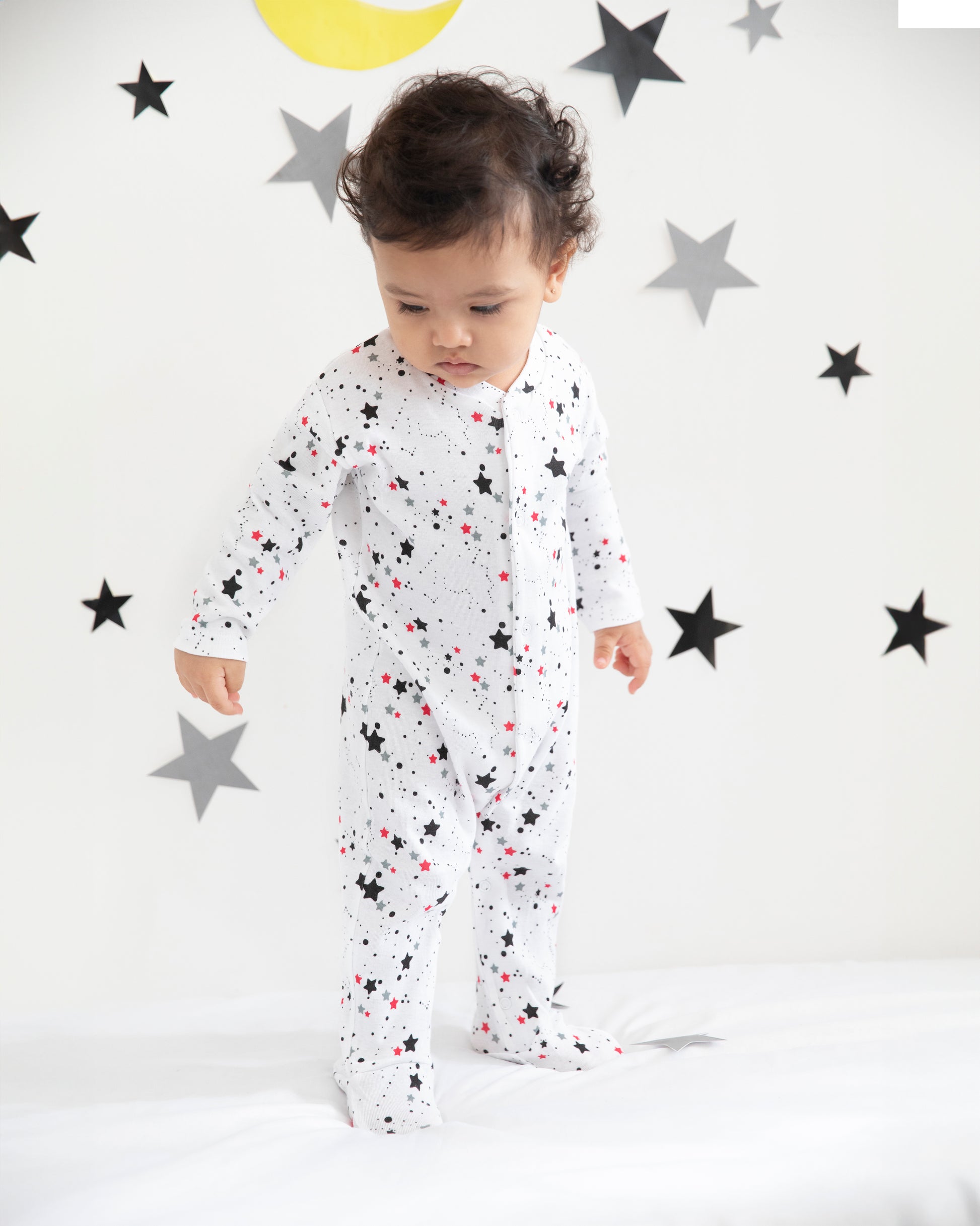 Polka Dot White Pajama Romper STARS Full Pyjama Organic Baby Romper – Cotton Bug
